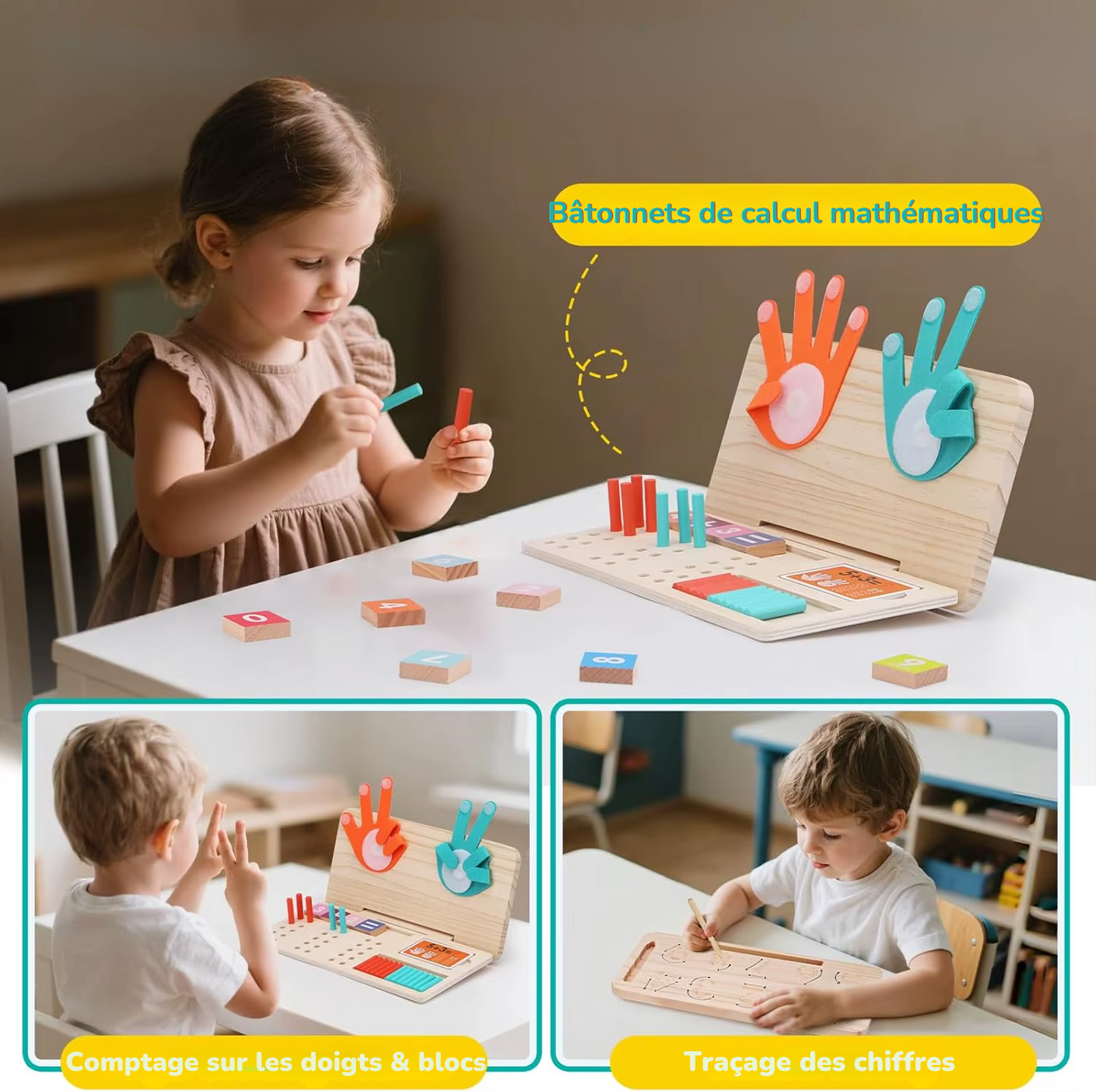 Jeu éducatif Montessori 2 en 1 – Chiffres, calculs et écriture en bois